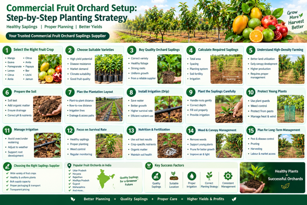 Commercial fruit orchard setup with quality saplings and planting strategy