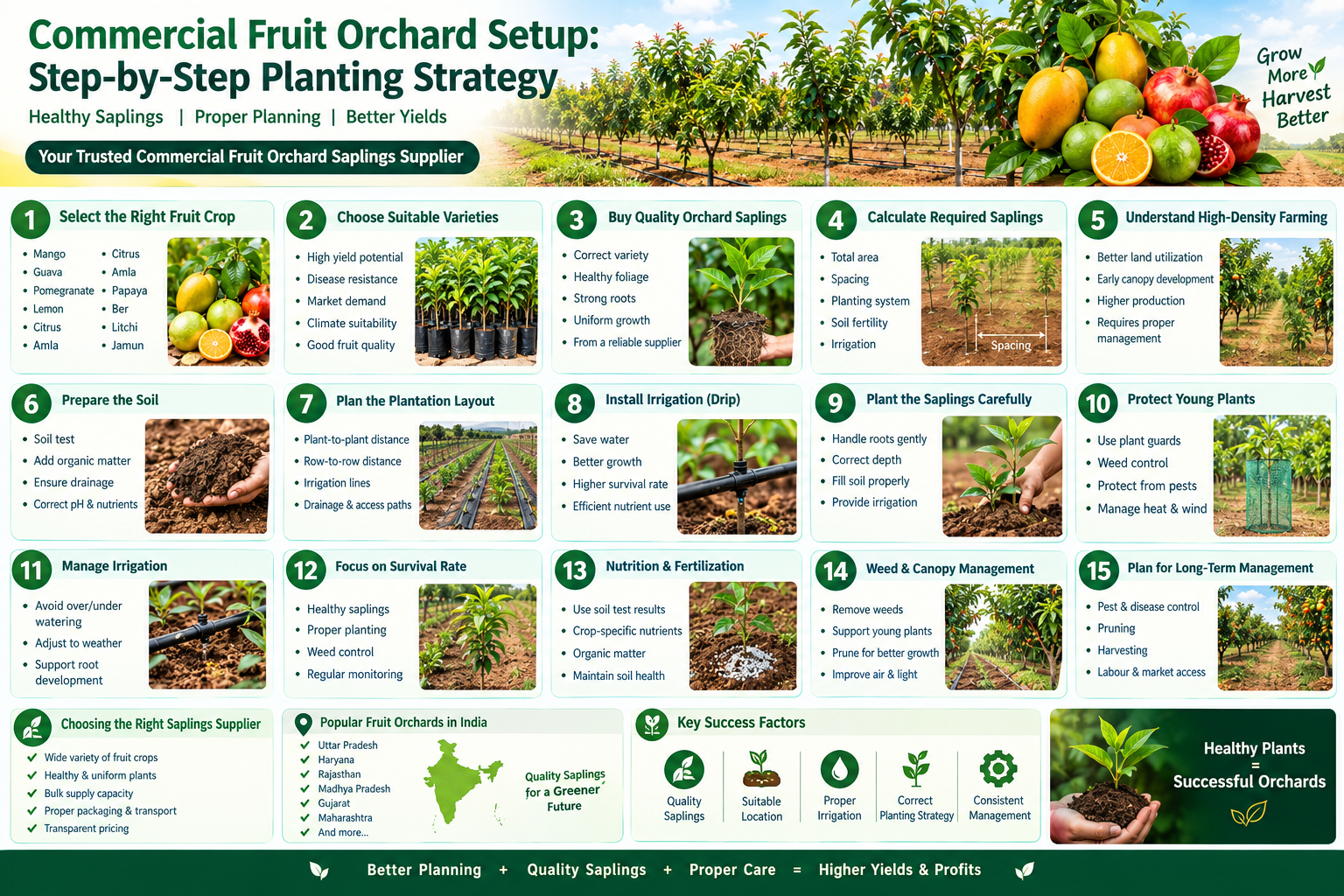 Commercial fruit orchard setup with quality saplings and planting strategy