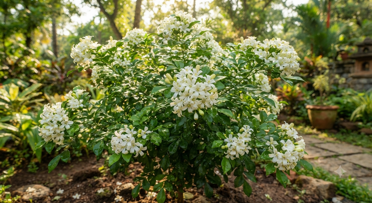 Madhukamini Plant with green foliage and white fragrant flowers in a garden