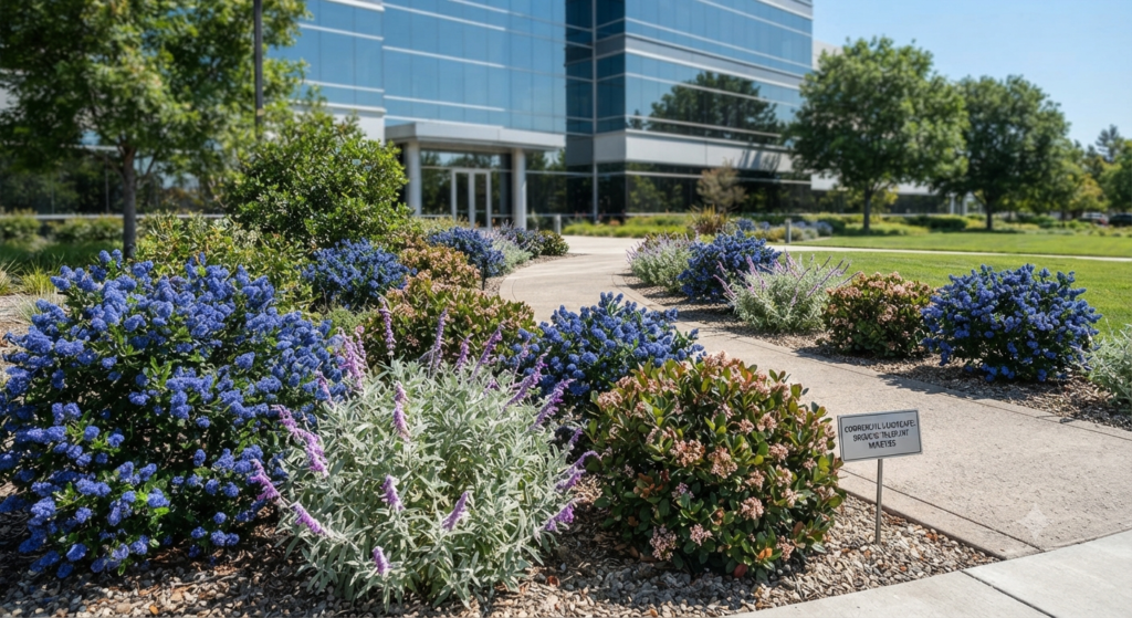 Drought-tolerant flowering shrubs lining a modern corporate campus walkway