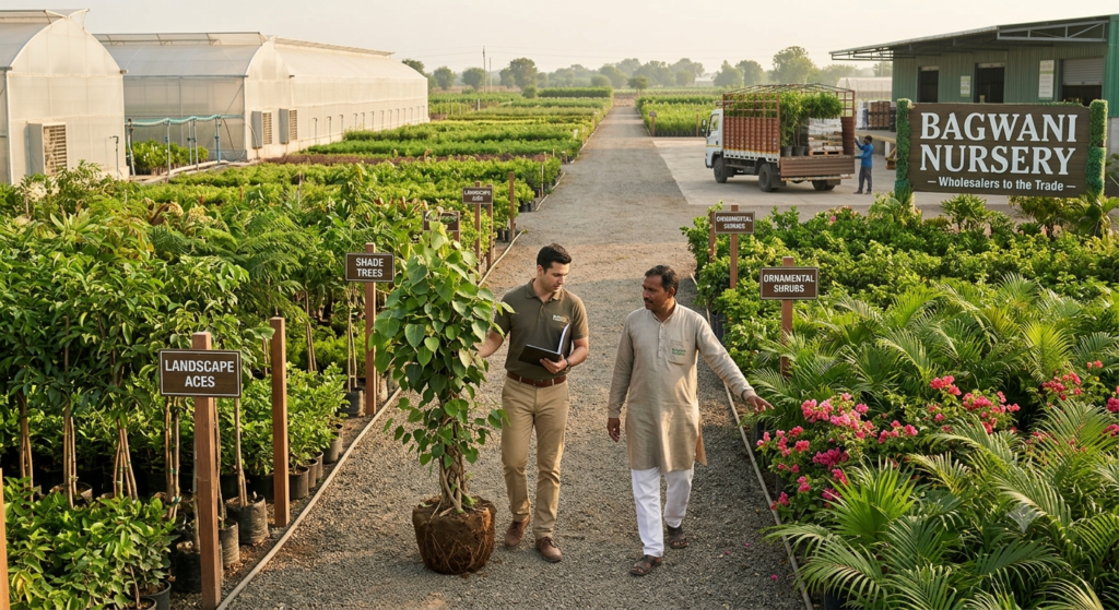 B2B buyer and nursery manager inspecting root-ball trees and commercial stock at Bagwani Nursery wholesale facility