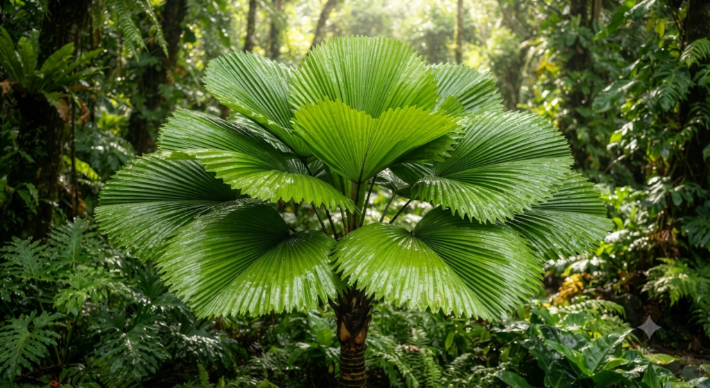 Ruffled Fan Palm (Licuala grandis) with large green fan-shaped leaves in a tropical garden