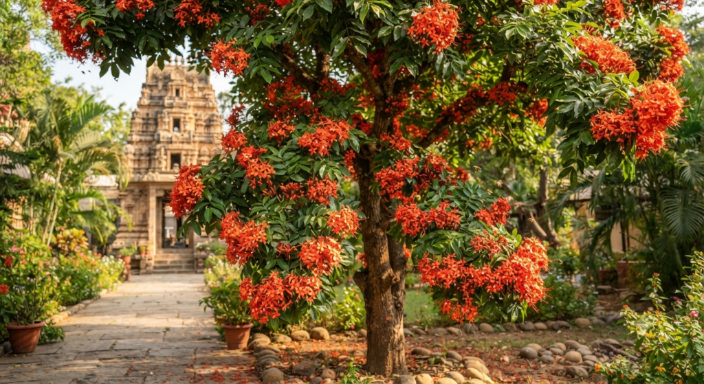 Sita Ashok Plant (Saraca asoca) with green foliage and orange flowers in a garden