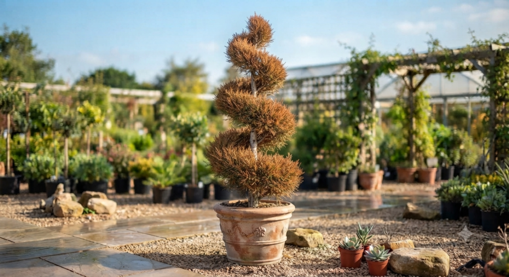 Copper Casuarina Topiary plant for sale at a nursery for decorative landscaping.