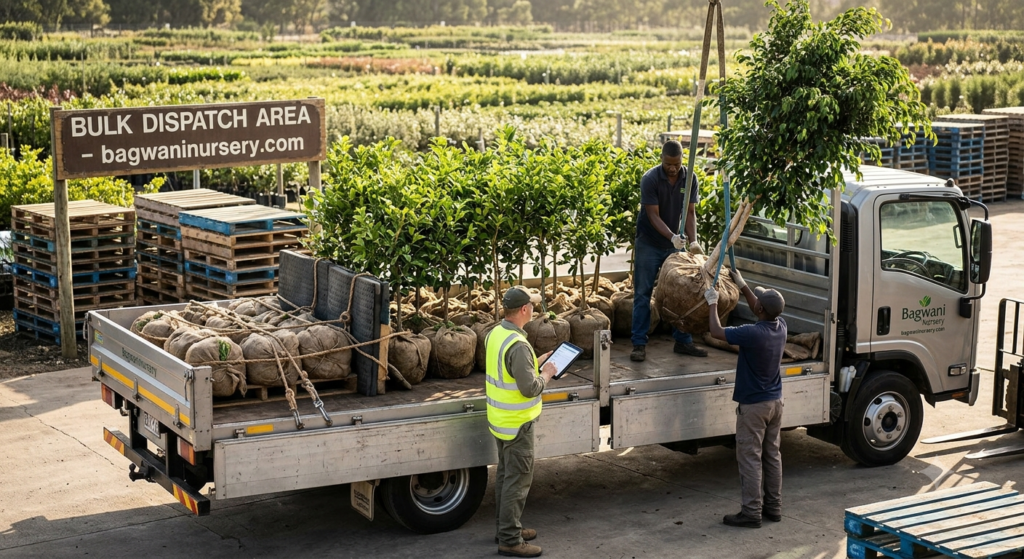 Logistics team at Bagwani Nursery meticulously loading large, root-balled saplings onto a branded delivery truck, following safe handling SOPs for commercial bulk plant supply.